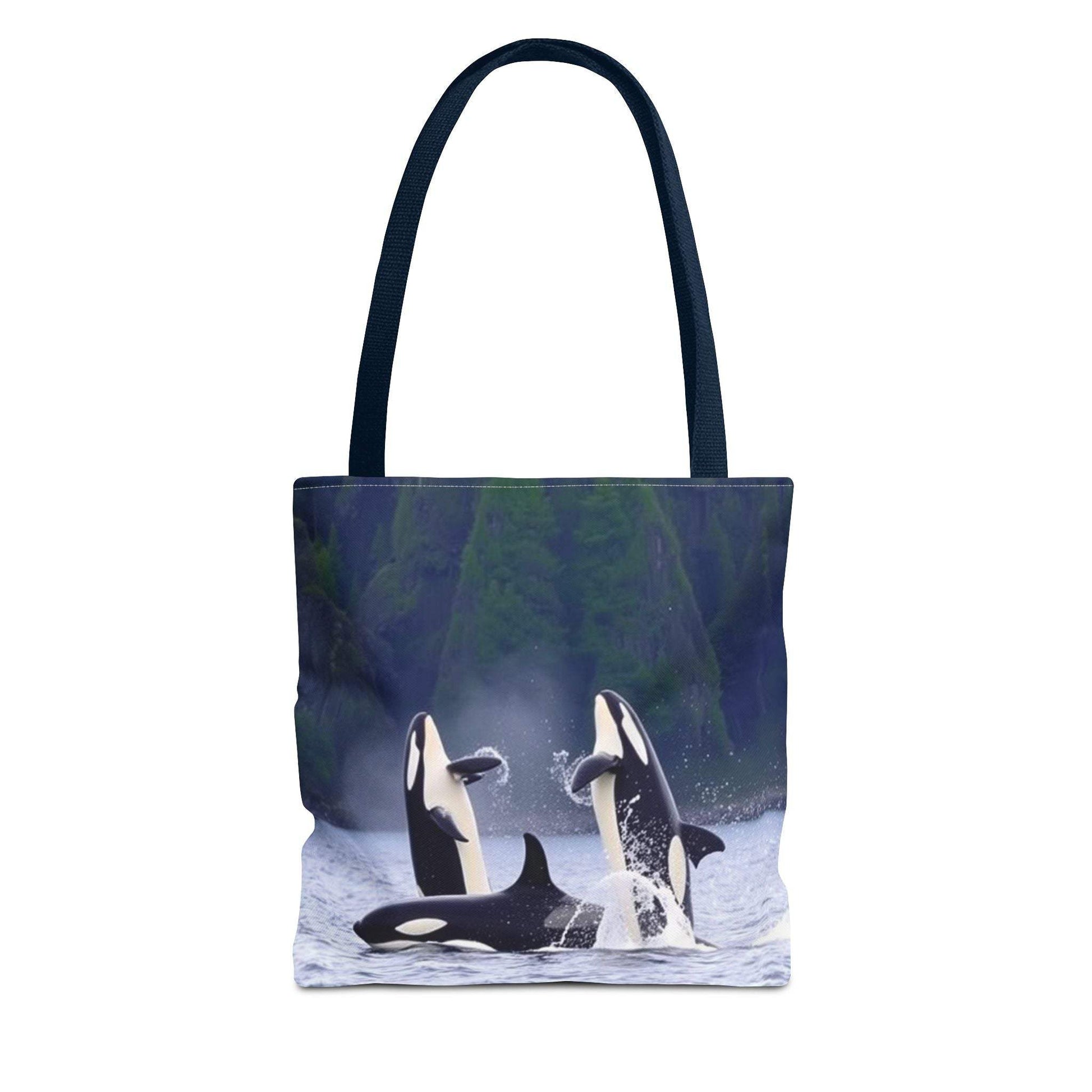 Eco-friendly orca whales tote bag featuring stunning ocean wildlife design, perfect for shopping and casual outings.