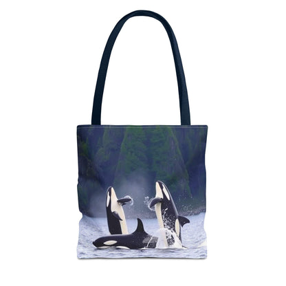 Eco-friendly orca whales tote bag featuring stunning ocean wildlife design, perfect for shopping and casual outings.