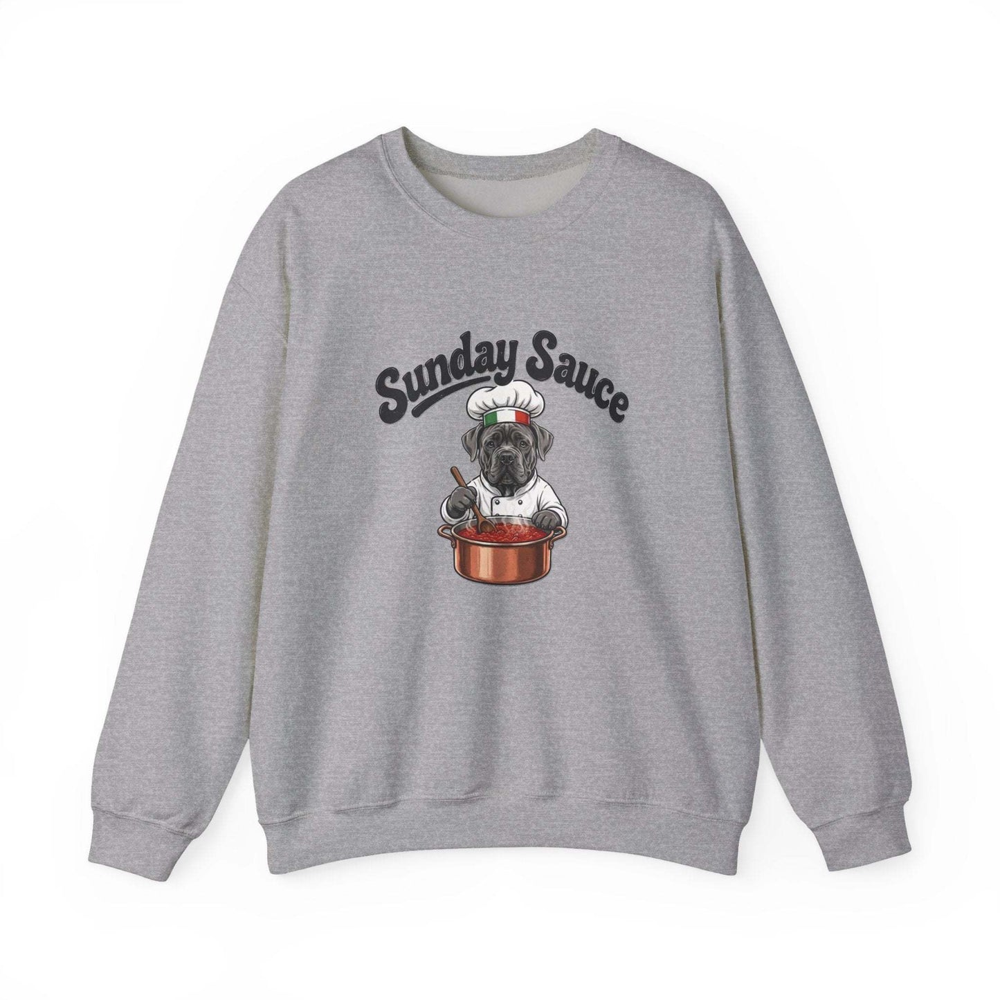 White Sunday Sauce sweatshirt with Italian dog chef embroidered stirring pot