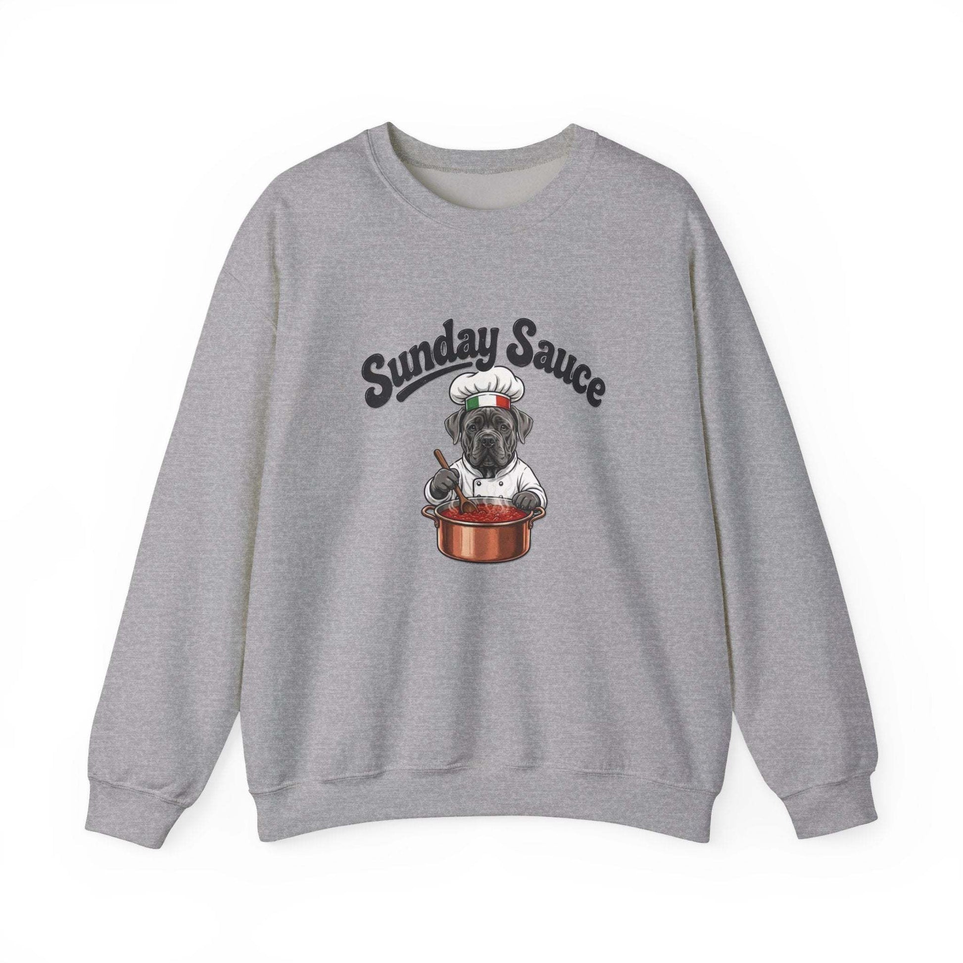 White Sunday Sauce sweatshirt with Italian dog chef embroidered stirring pot