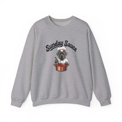 White Sunday Sauce sweatshirt with Italian dog chef embroidered stirring pot