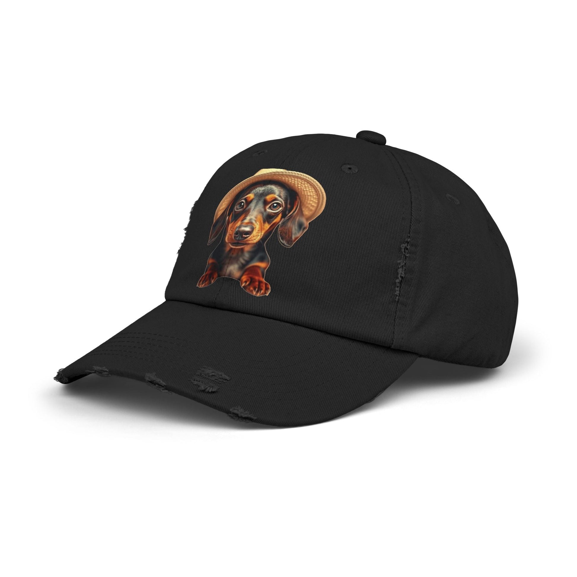 Distressed black baseball cap featuring a dachshund illustration, perfect for dog lovers.