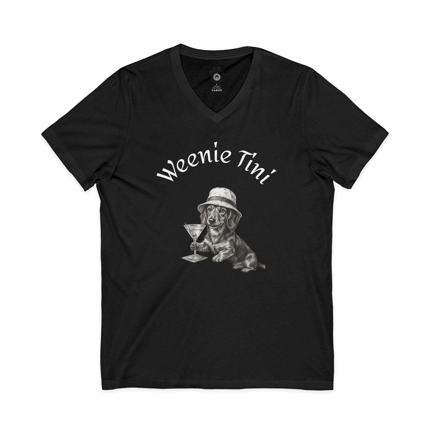 Unisex V-neck Weenie Tini Shirt featuring playful dachshund with martini glass graphic on lightweight cotton tee