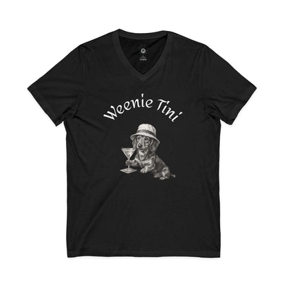 Unisex V-neck Weenie Tini Shirt featuring playful dachshund with martini glass graphic on lightweight cotton tee