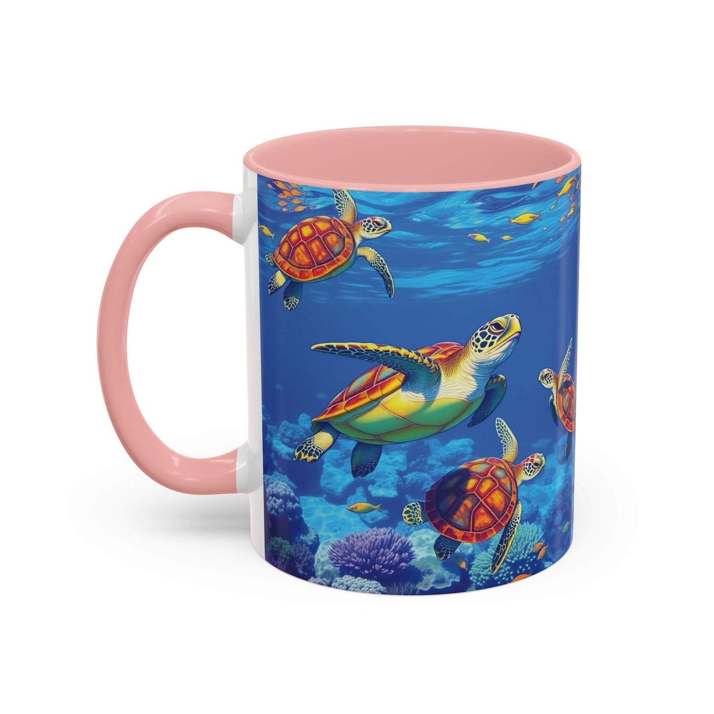 Colorful coffee mug with vibrant sea turtle design, perfect for ocean decor and nature lovers.