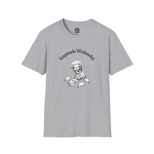 Empanada Wednesday T-shirt with grayscale chihuahua chef illustration on white lightweight cotton tee