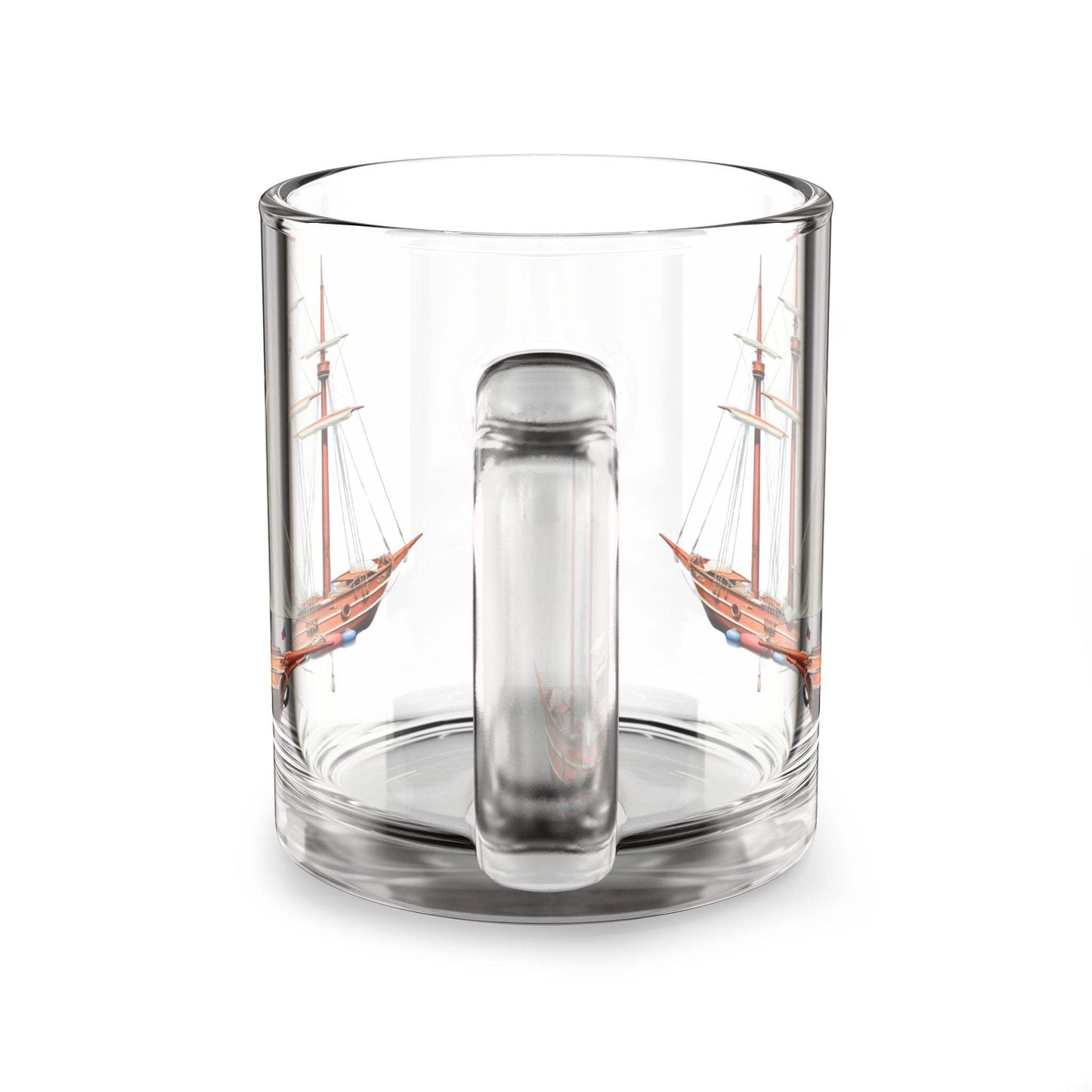 Nautical Glass Mug with Tall Ship Design, 10oz, featuring clear glass and ergonomic handle.