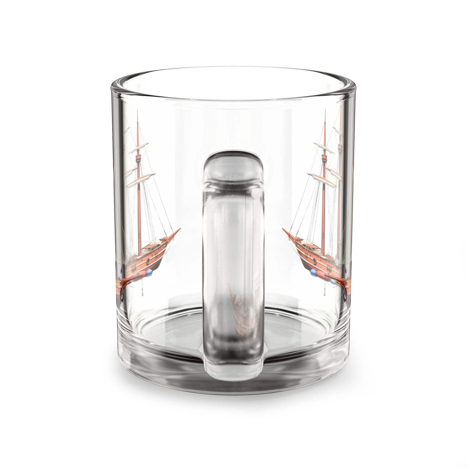 Nautical Glass Mug with Tall Ship Design, 10oz, featuring clear glass and ergonomic handle.