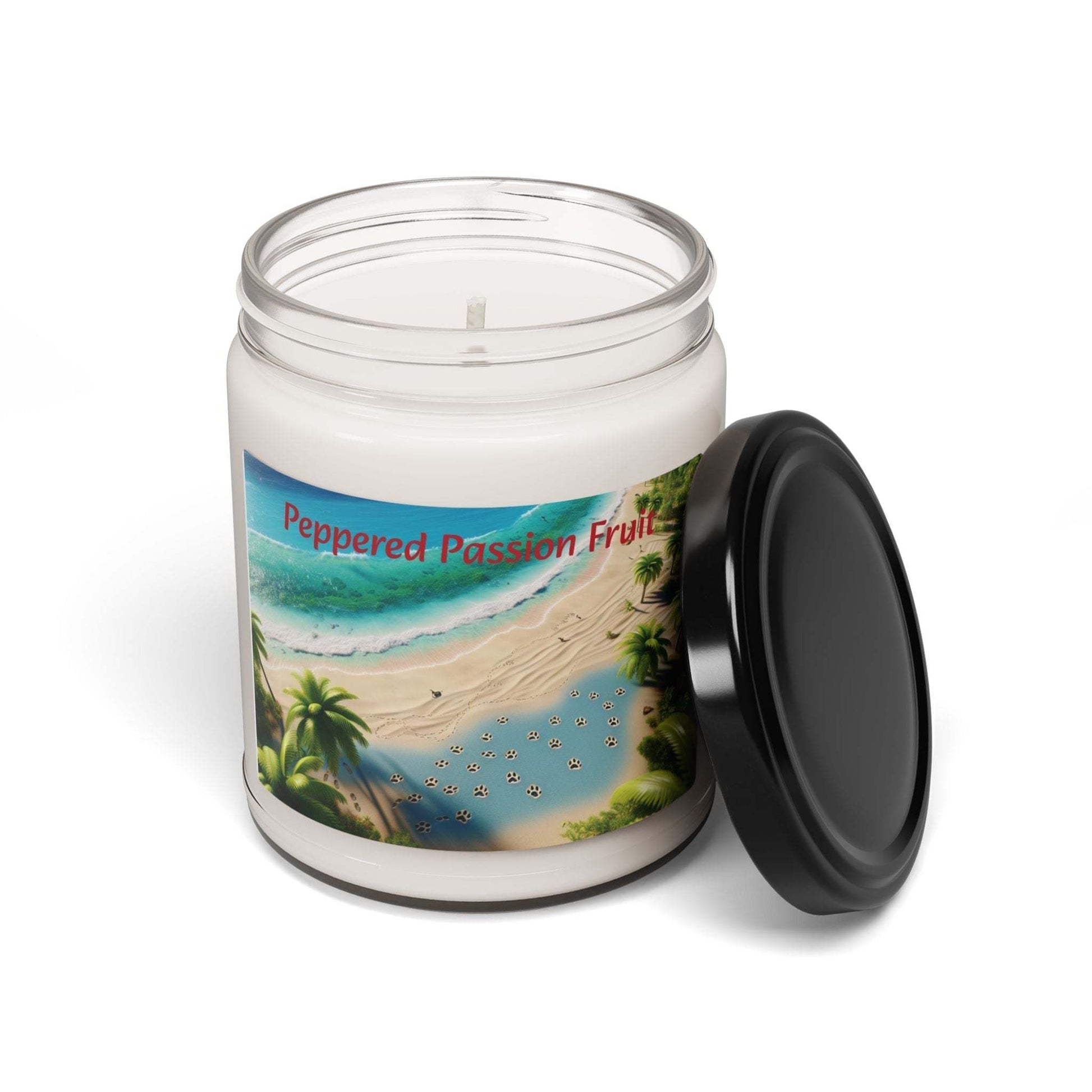 Tropical Paradise Scented Soy Candle in reusable glass jar with beach-themed label.