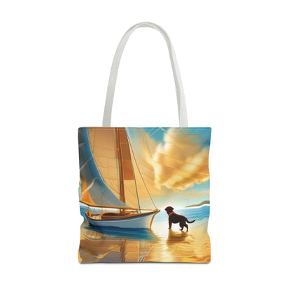 Tote Bag with Sailing Adventure Scene and Dog, Perfect for Nature Lovers