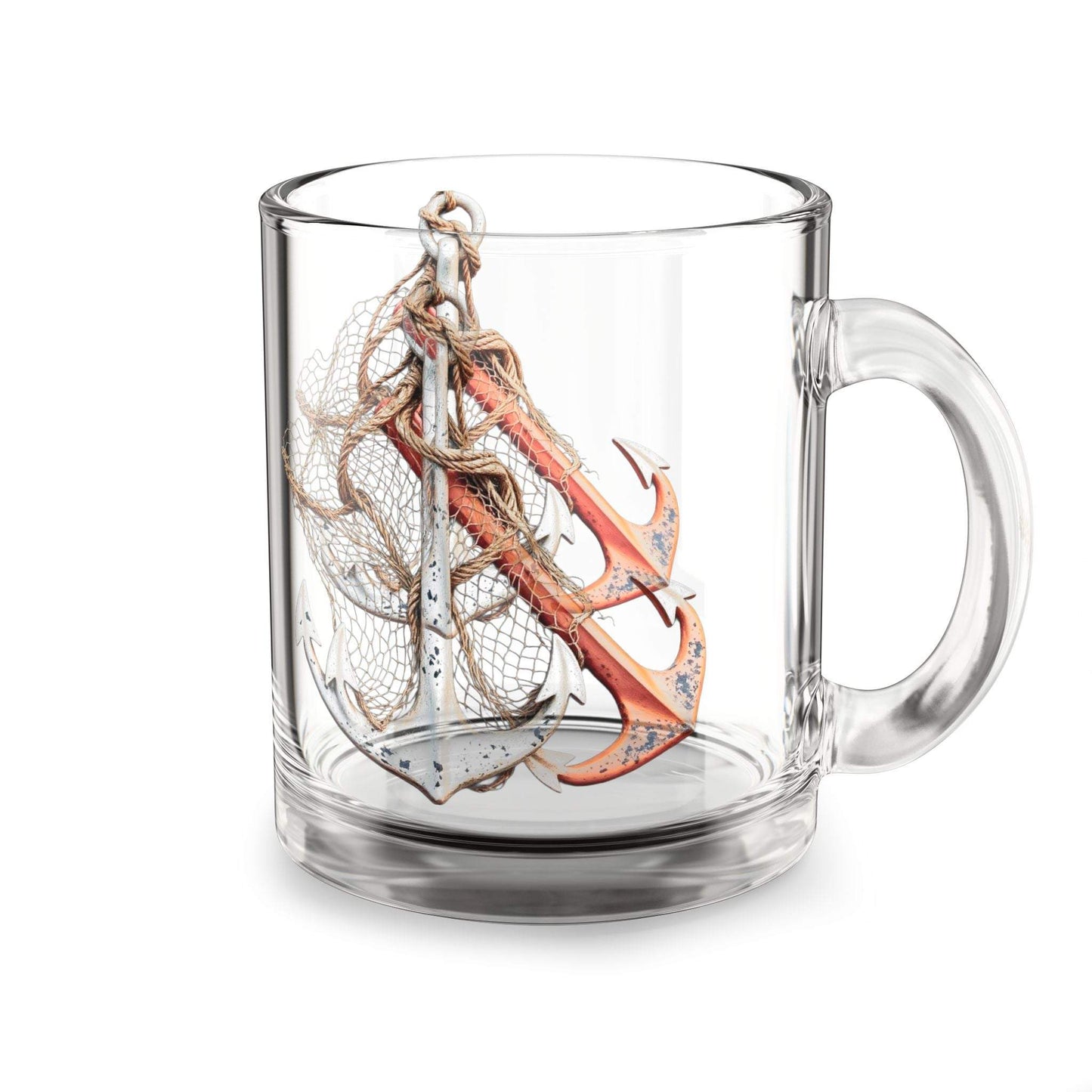 Nautical Anchor Glass Mug with C-shaped handle, 10oz, clear design.
