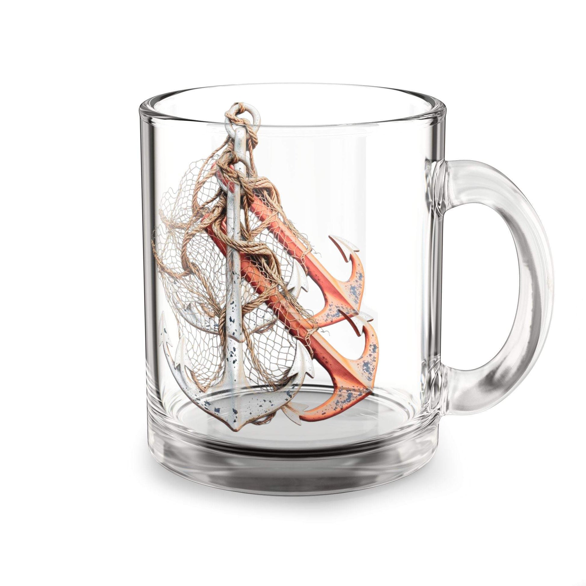 Nautical Anchor Glass Mug with C-shaped handle, 10oz, clear design.