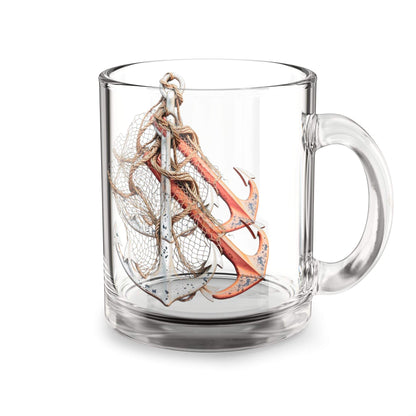Nautical Anchor Glass Mug with C-shaped handle, 10oz, clear design.