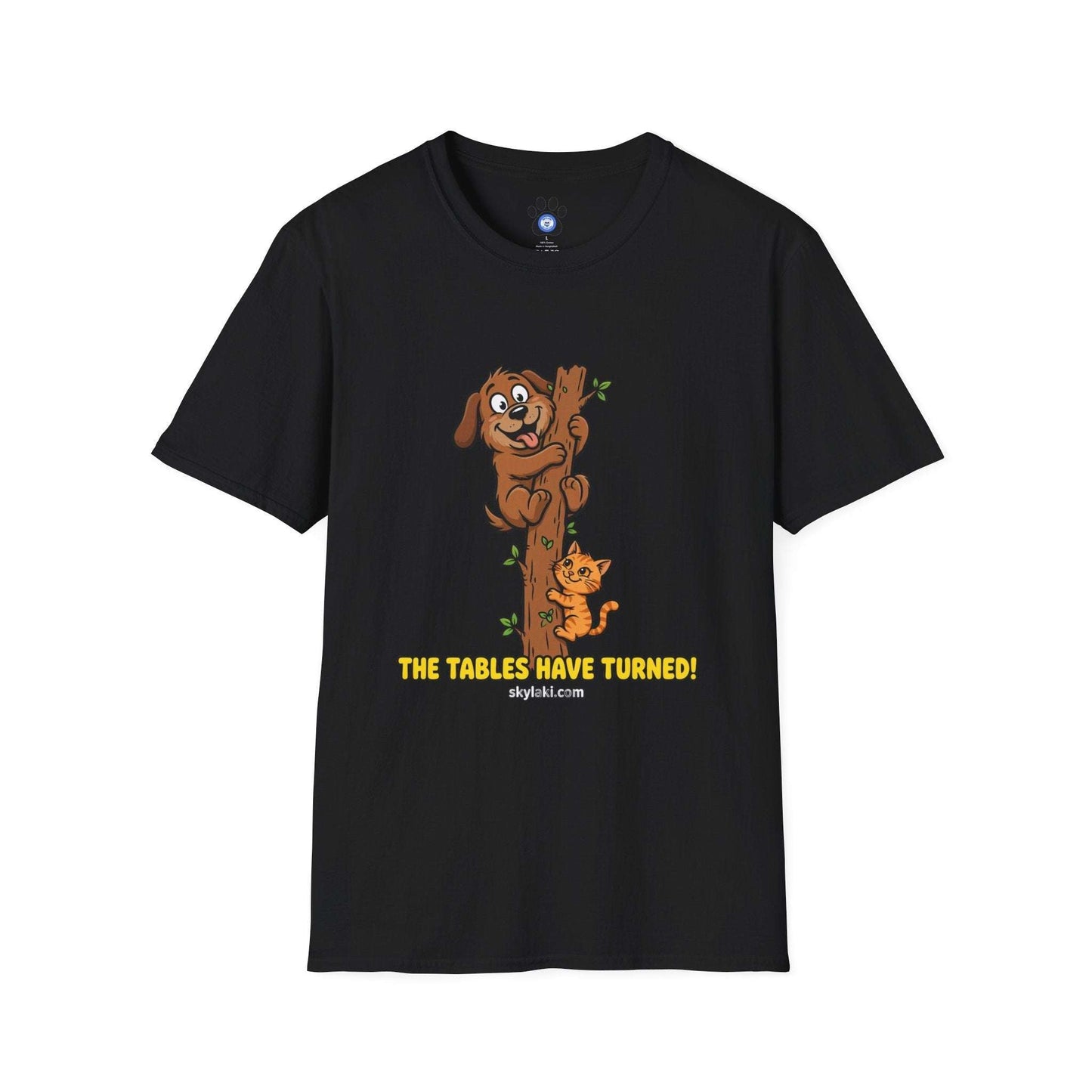 Funny cat chasing dog graphic on soft cotton shirt