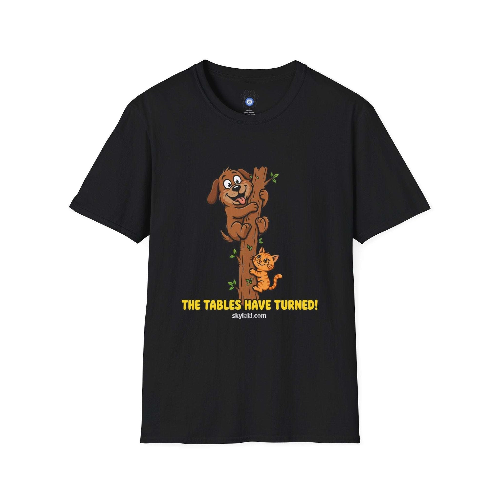 Funny cat chasing dog graphic on soft cotton shirt