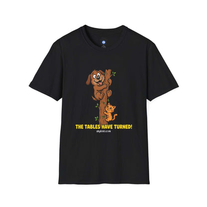 Funny cat chasing dog graphic on soft cotton shirt