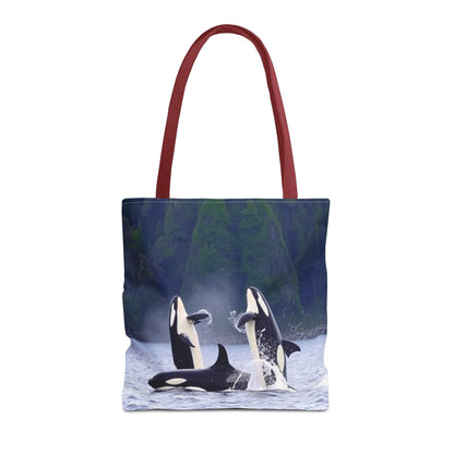 Eco-friendly tote bag featuring orca whales, ideal for shopping and outdoor activities.