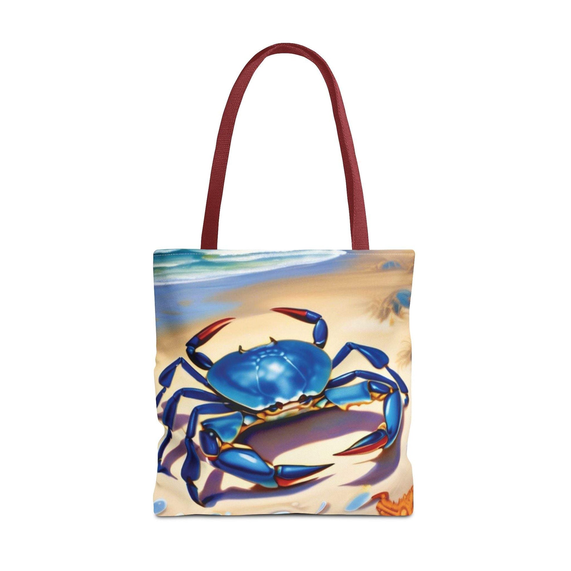 Ocean-inspired beach bag tote with blue crab design, ideal for beach outings and marine enthusiasts.