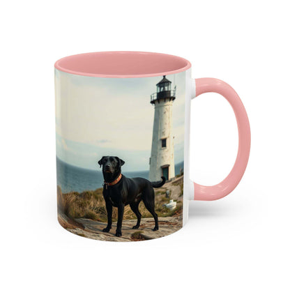 Ocean-themed mug with a lighthouse and black dog design, pink interior and handle, perfect for coastal vibe decor and dog lovers.