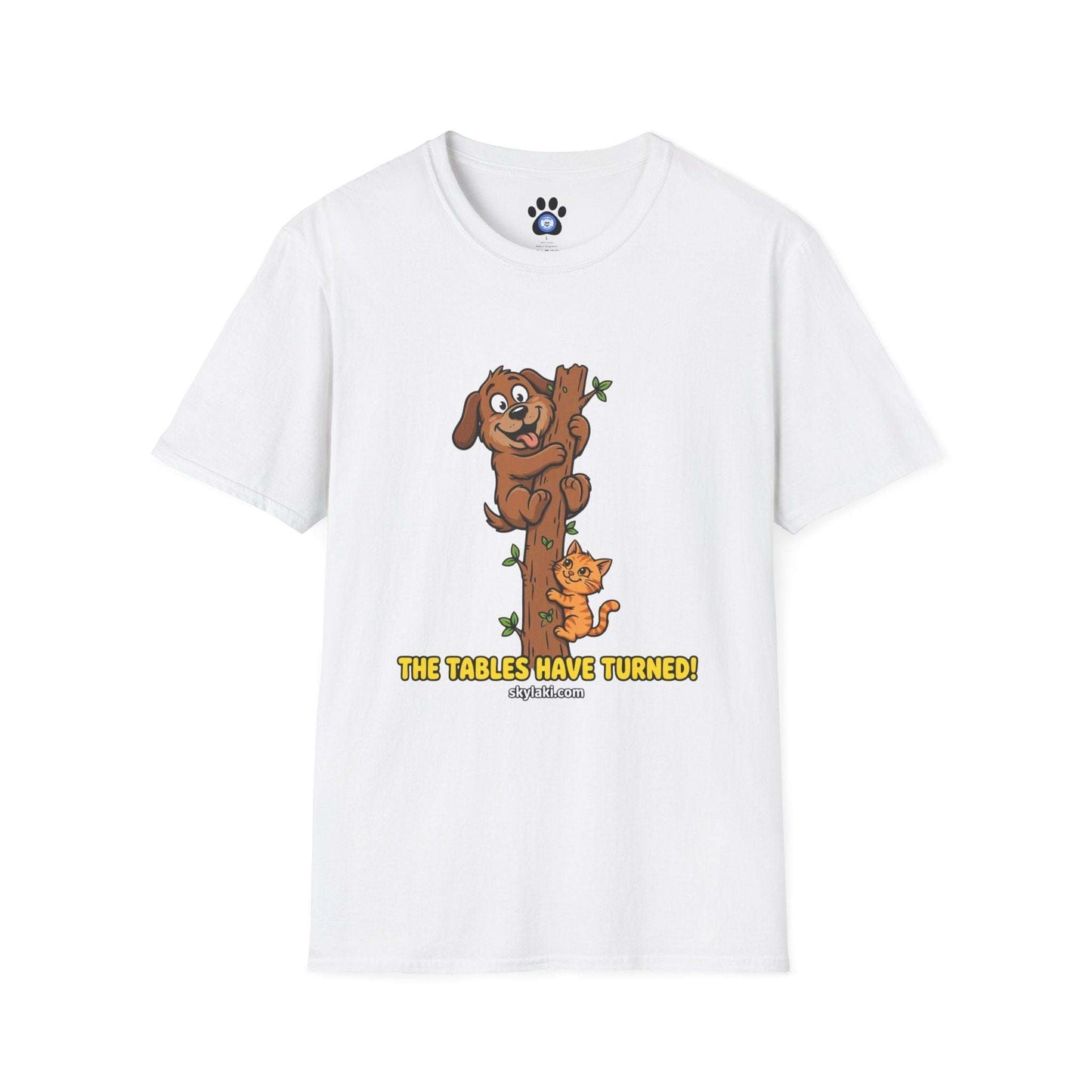 Funny cat chasing dog graphic on soft cotton t-shirt
