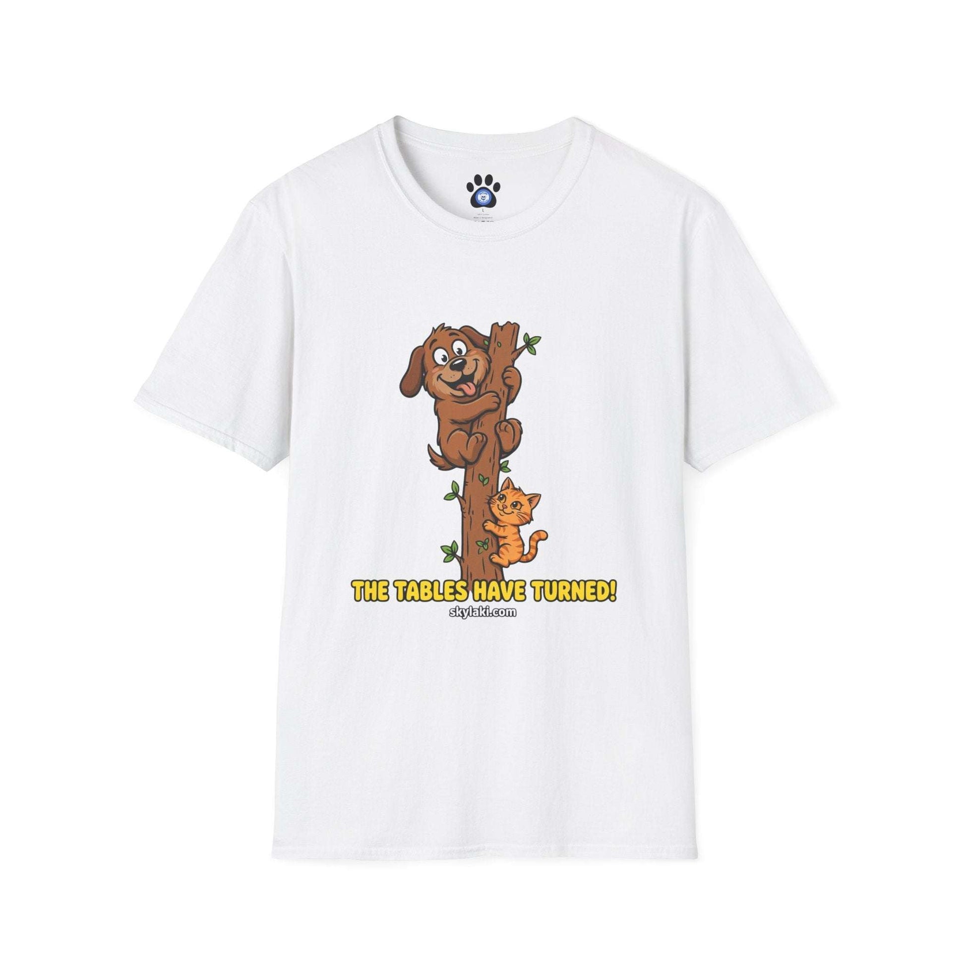 Funny cat chasing dog graphic on soft cotton t-shirt