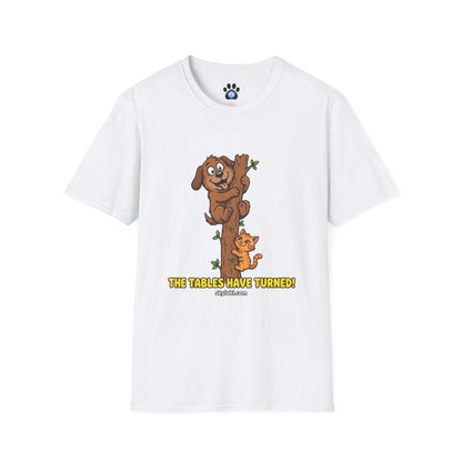 Funny cat chasing dog graphic on soft cotton t-shirt