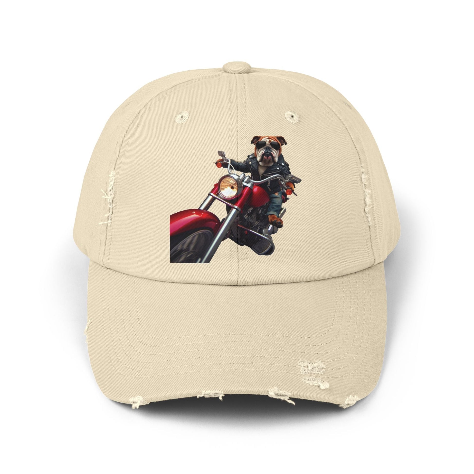 Unisex distressed Baseball cap featuring cool dog biker design, vintage look, comfortable fit, perfect for casual outings.