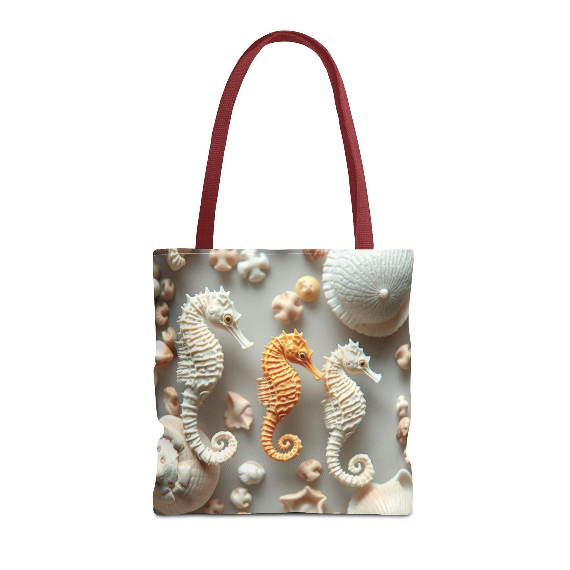 Seahorse-themed beach tote bag with artistic seahorse imagery against a soft background, featuring durable polyester material and reinforced stitching.