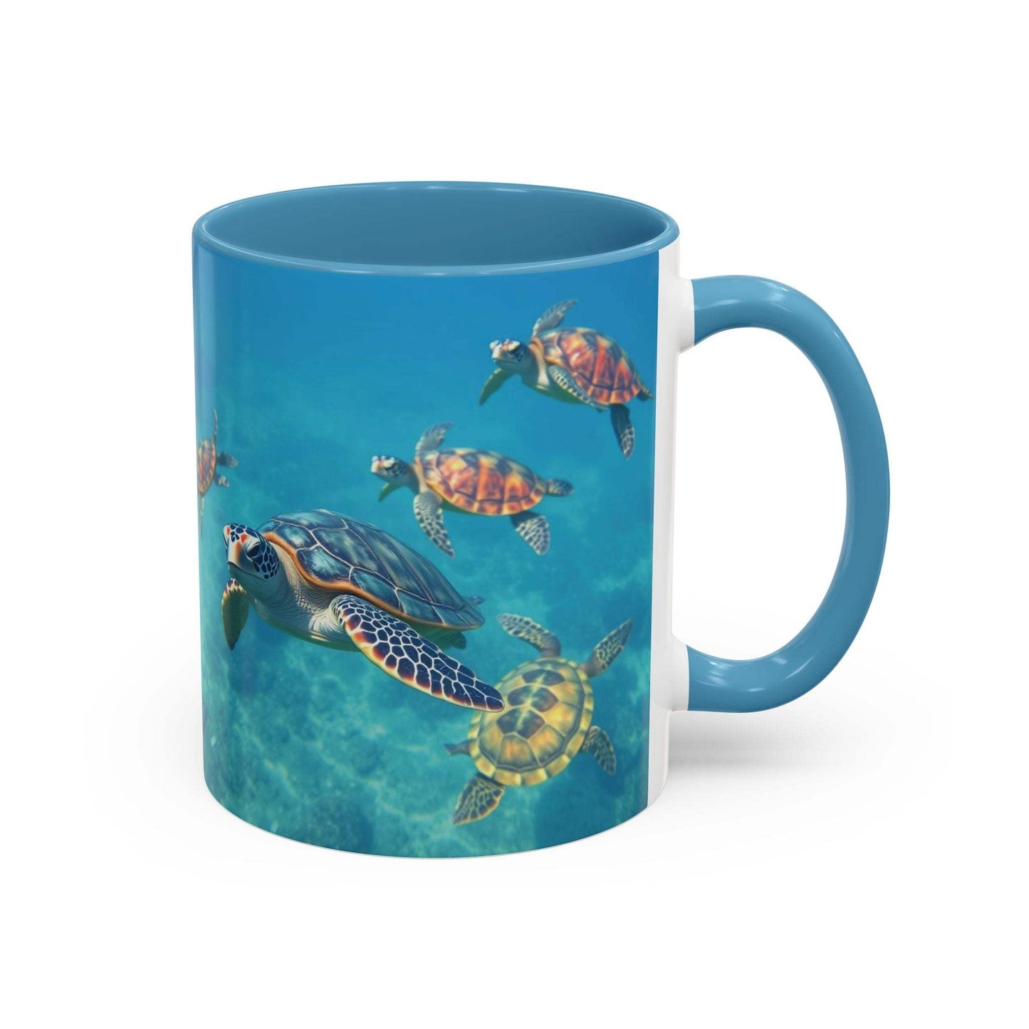 Ocean-Inspired Turtle Accent Coffee Mug with vibrant turtle design, available in 11oz and 15oz sizes.