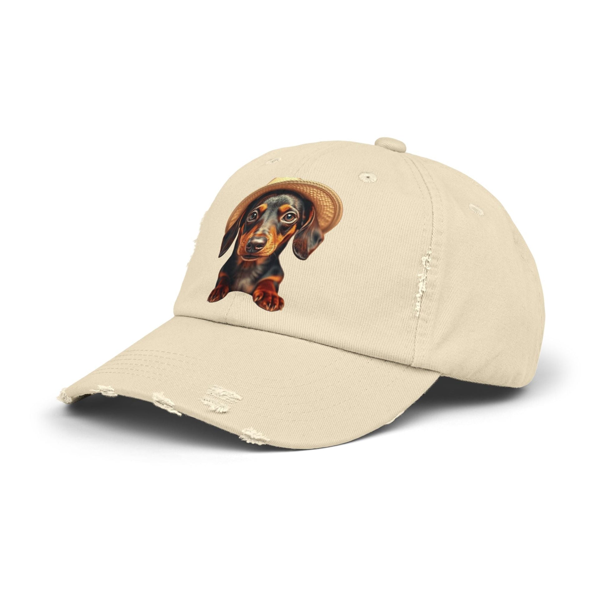 Distressed baseball cap with dachshund design for dog lovers.