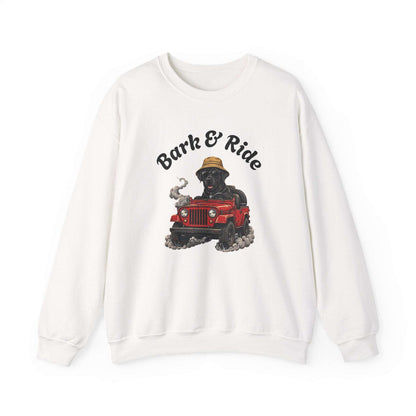 Crewneck sweatshirt with playful black lab dog driving red jeep graphic and straw hat