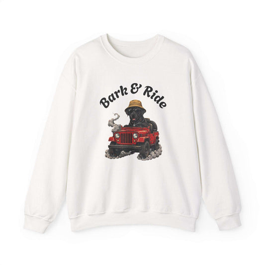 Crewneck sweatshirt with playful black lab dog driving red jeep graphic and straw hat