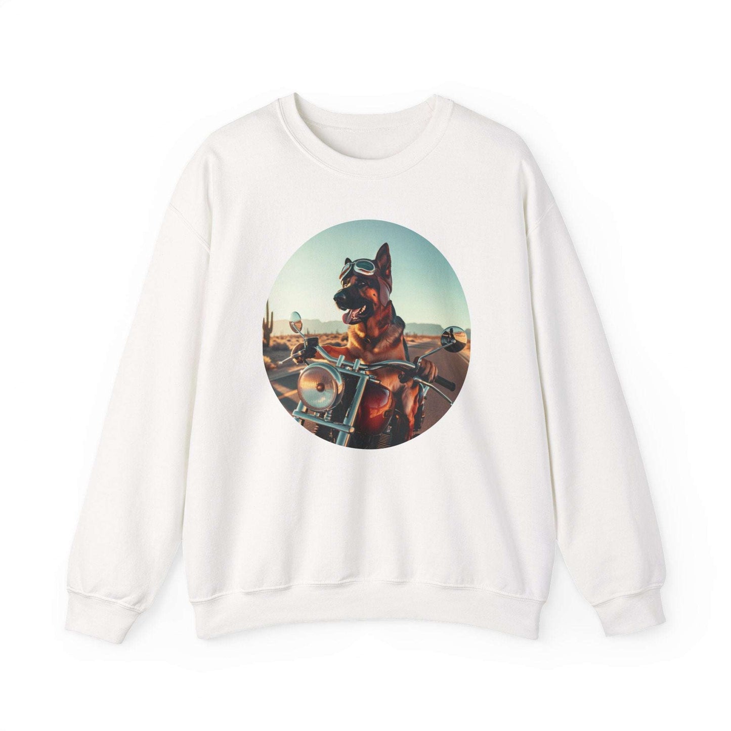 Crewneck Sweatshirt — 'Ride or Fetch' Motorcycle Dog Graphic