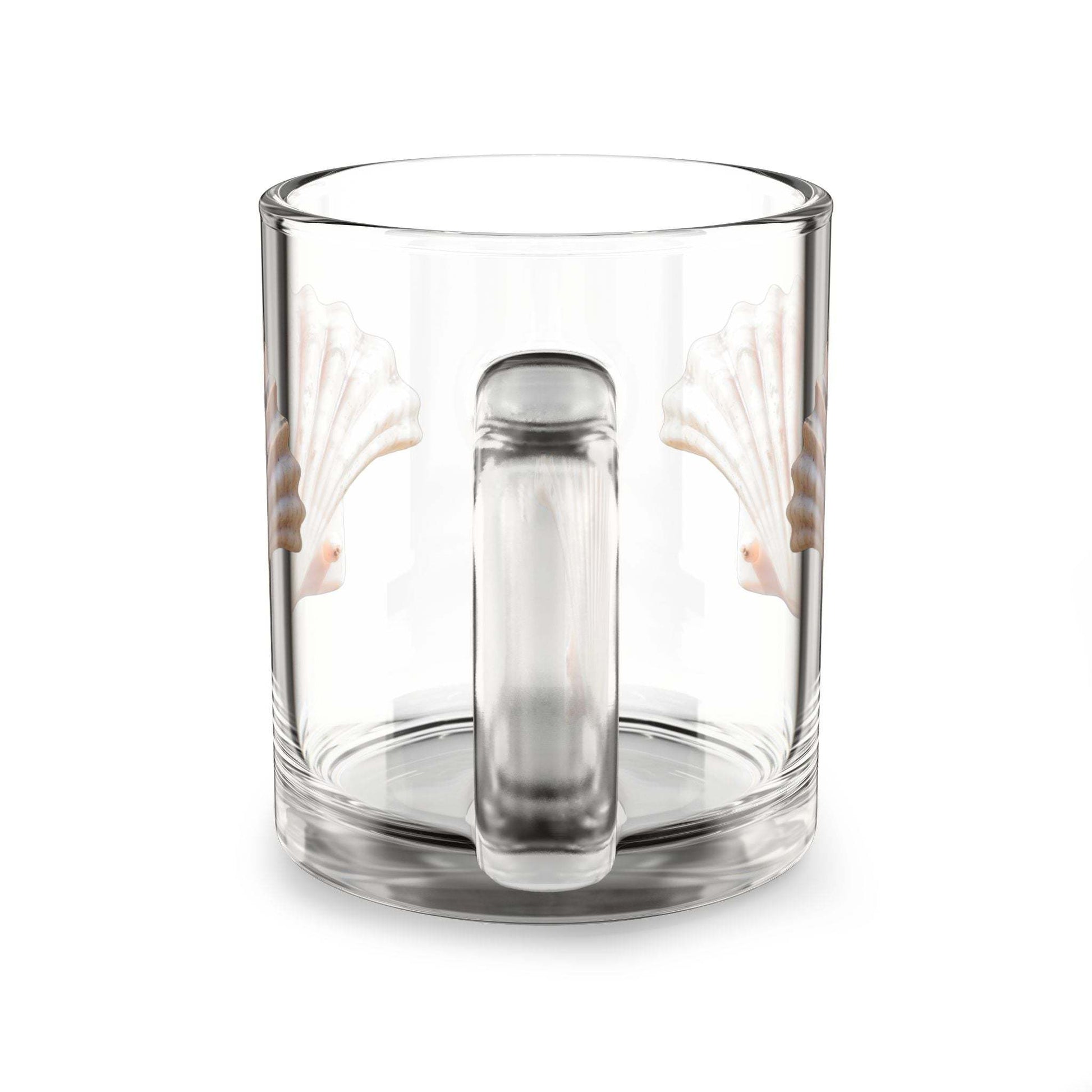 Seashell Coffee Glass Mug with C-shaped handle, clear design, 10oz capacity.