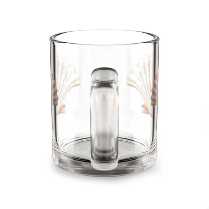 Seashell Coffee Glass Mug with C-shaped handle, clear design, 10oz capacity.