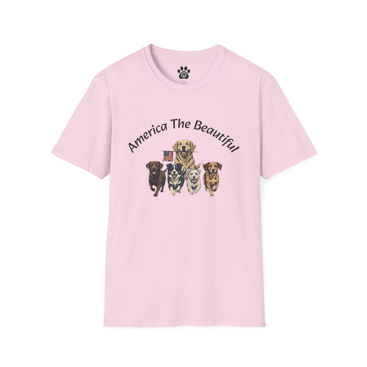 Unisex soft cotton T-shirt with America the Beautiful patriotic dog graphic by Skylaki brand