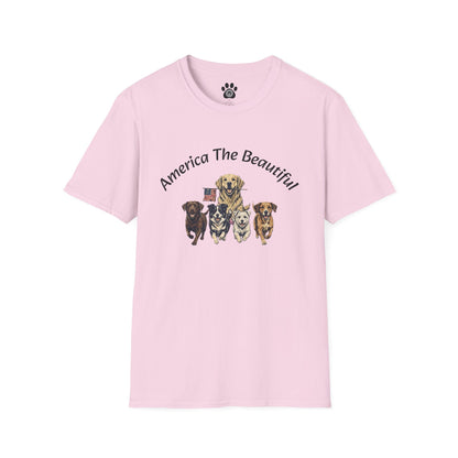 Unisex soft cotton T-shirt with America the Beautiful patriotic dog graphic by Skylaki brand