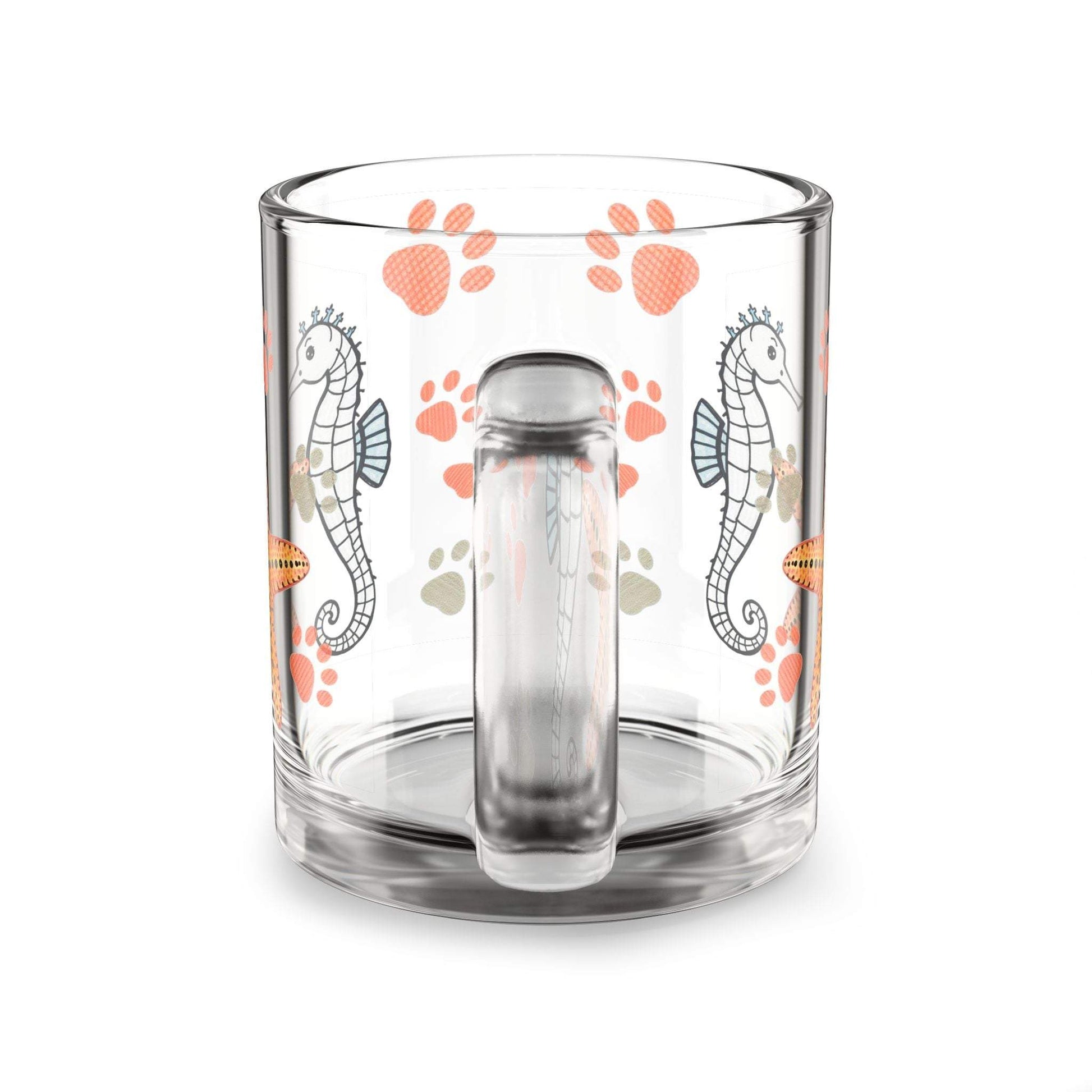 Ocean-themed glass mug with seahorse and starfish design, 10oz capacity.