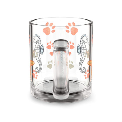 Ocean-themed glass mug with seahorse and starfish design, 10oz capacity.