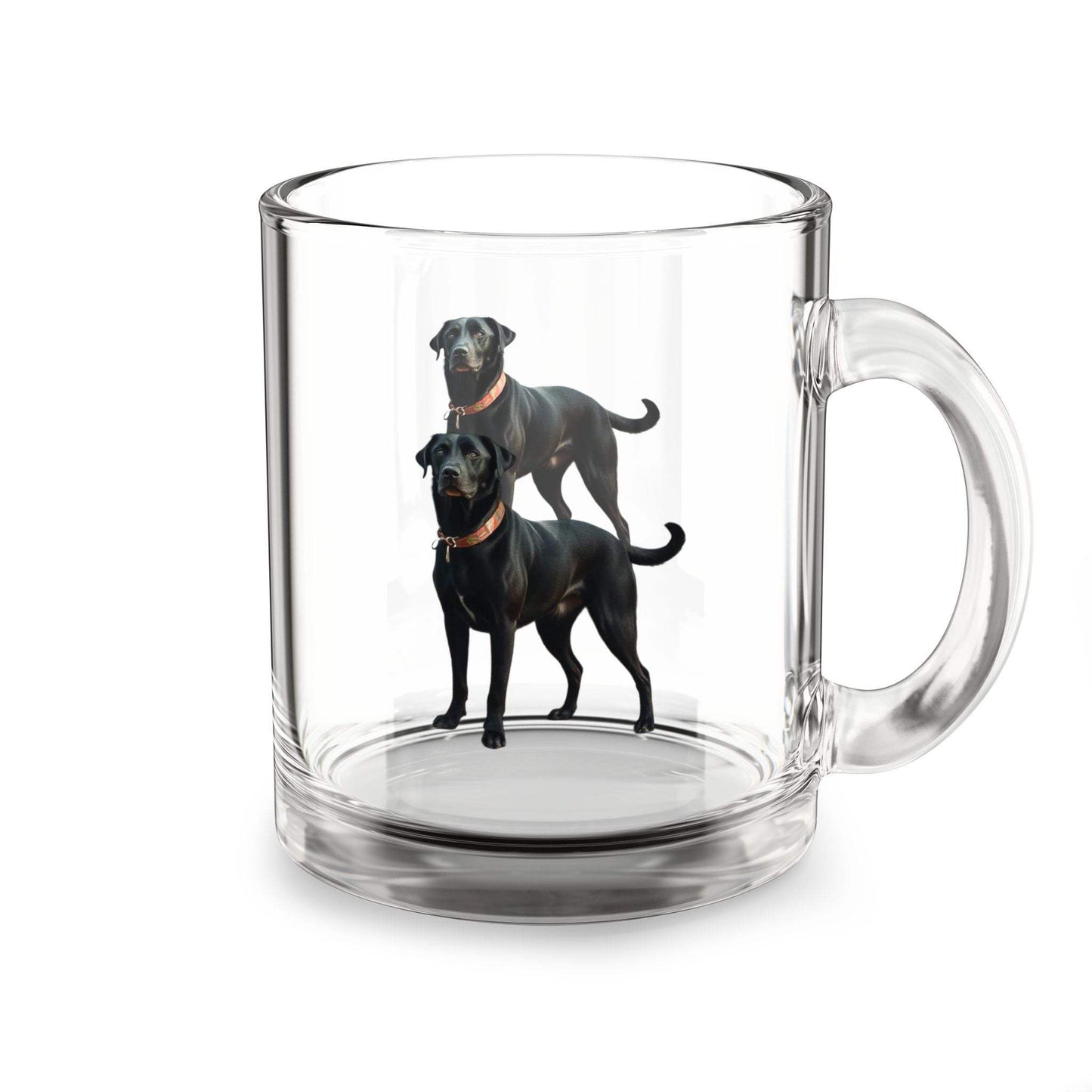 Glass mug with custom dog design, 10oz, ideal for dog lovers.
