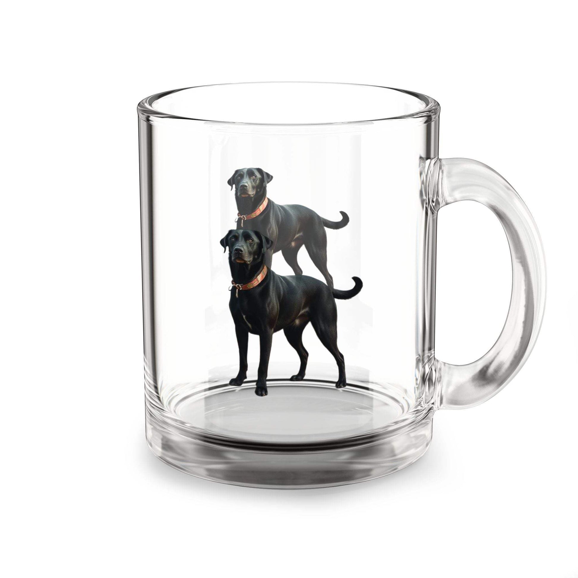 Glass mug with custom dog design, 10oz, ideal for dog lovers.