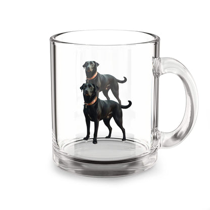 Glass mug with custom dog design, 10oz, ideal for dog lovers.