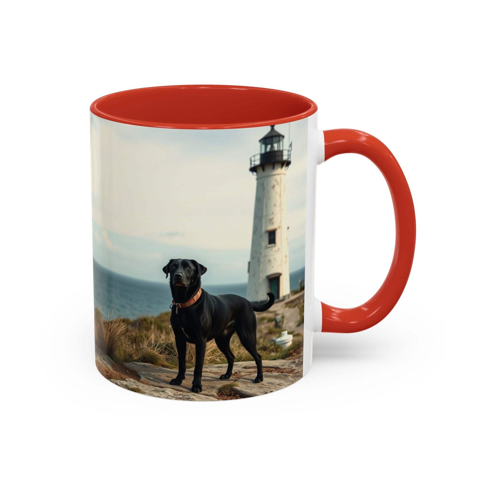 Ocean-themed coastal vibe coffee mug with lighthouse and dog design, perfect for dog lovers and home decor.