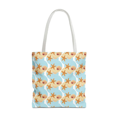 Seashell and starfish beach tote bag with coastal pattern in blue and beige, perfect for summer outings.