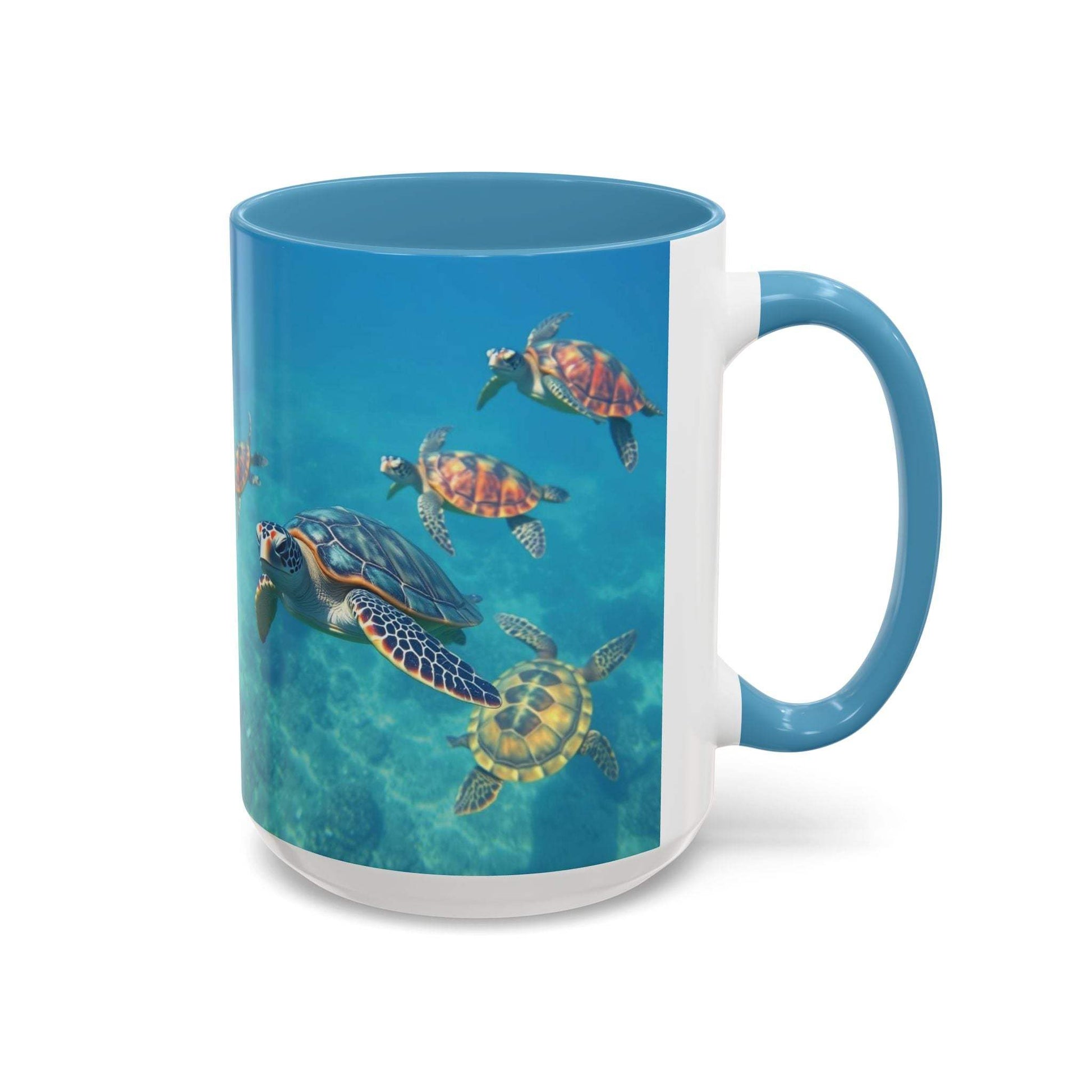 Ocean-inspired turtle accent coffee mug with vibrant marine design and blue handle.