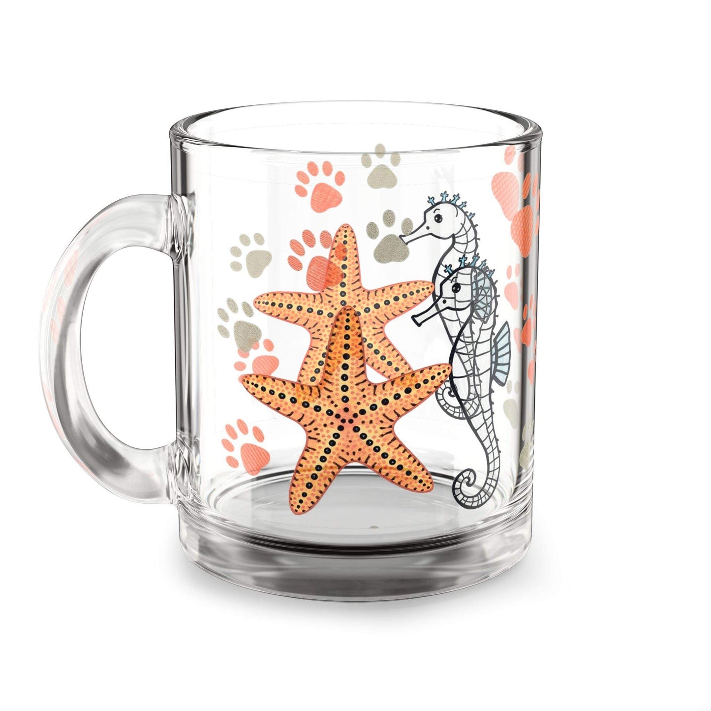 Coastal Seahorse & Starfish Glass Mug with ocean-themed design, 10oz.