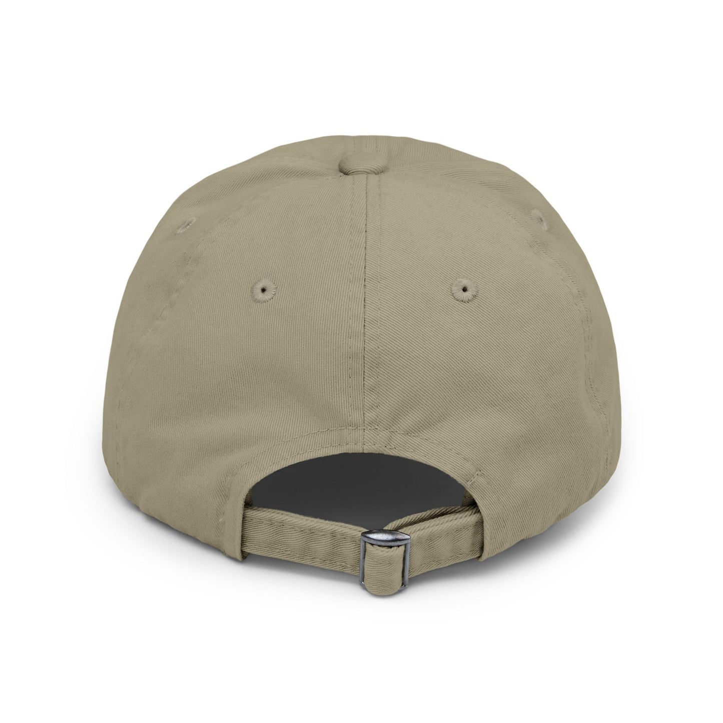 Distressed baseball cap with adjustable strap and metal D-ring slider, featuring a vintage look and low-profile design.
