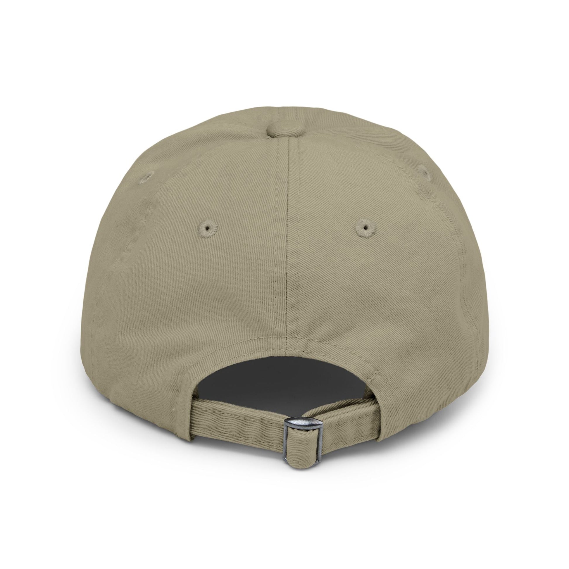 Distressed baseball cap with adjustable strap and metal D-ring slider, featuring a vintage look and low-profile design.