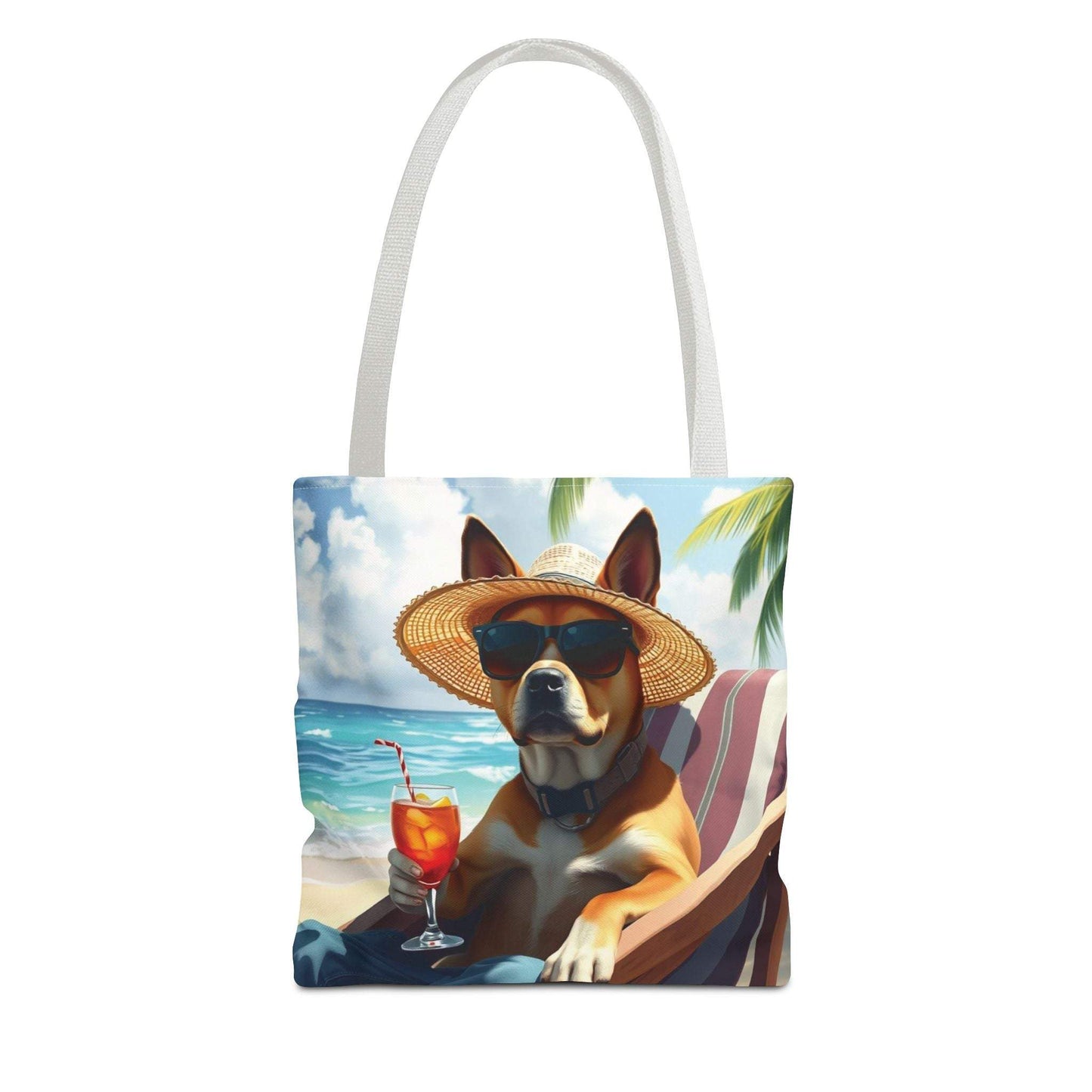 Dog tote bag with beach theme featuring a relaxed dog wearing sunglasses, sipping a drink by the ocean.