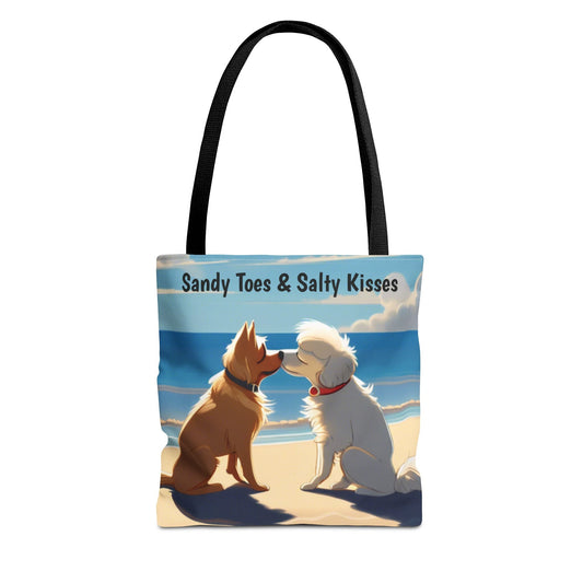 Everyday Tote Bag featuring beach-themed dogs, durable spun polyester, available in three sizes with color handle options.